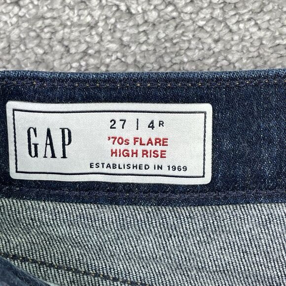 Gap Jeans Women’s 27 Blue 70’s Flare High Rise Dark Wash Slim Fit Raw Hem - Picture 3 of 9